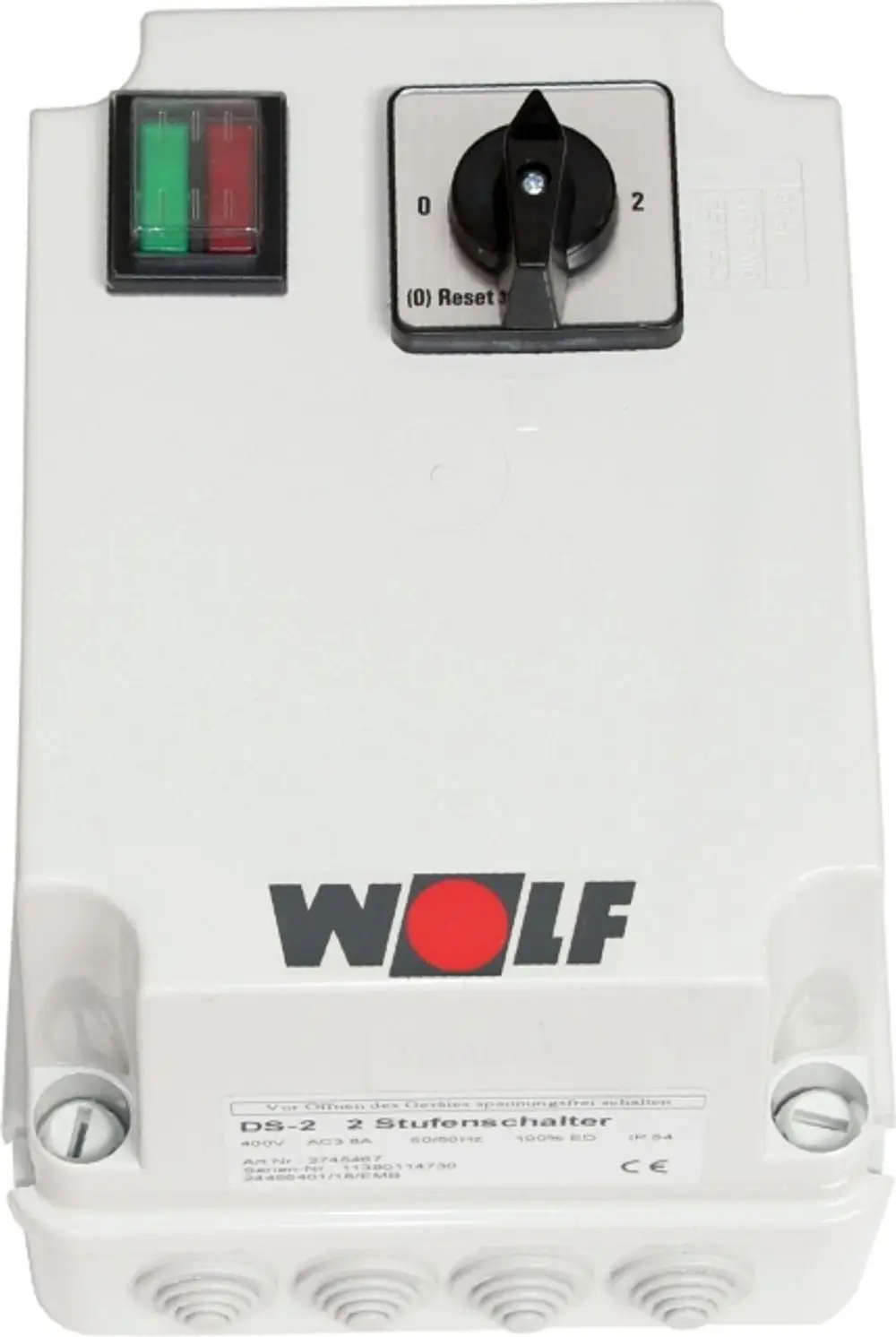 WOLF 2-Stufenschalter mit einem Drehknopf zur Einstellung von 0 bis 2 und zwei farbigen Anzeigen (grün und rot) für den Betriebsstatus.